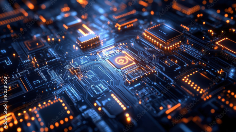 Poster close-up of a futuristic circuit board, featuring intricate details and glowing components in a vibr