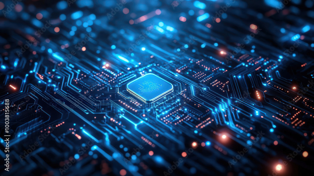Poster stunning visual of a microchip on a circuit board, featuring bright blue lights and intricate patter