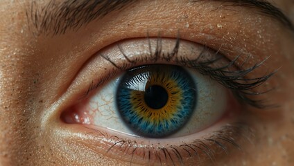 Close-up of a blue eye with eyelashes and freckles.