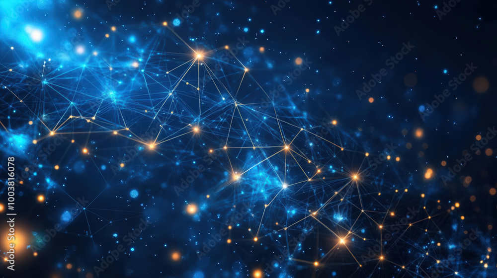 Poster a mesmerizing abstract background featuring glowing connections and luminous particles in a deep blu