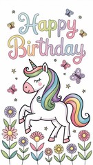 Colorful Unicorn Happy Birthday Card with Flowers and Butterflies