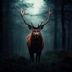 A majestic stag standing in a misty forest, showcasing its impressive antlers and powerful stance.