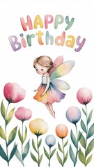 Fairy-Themed Happy Birthday Card with Butterflies and Flowers