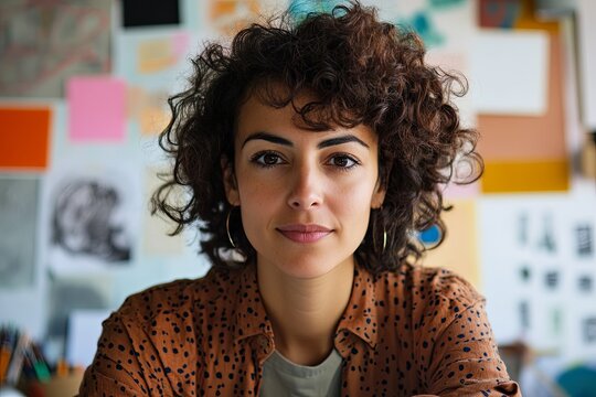 Close-up portrait of a graphic designer, looking focused and creative, holding a tablet pen in hand.