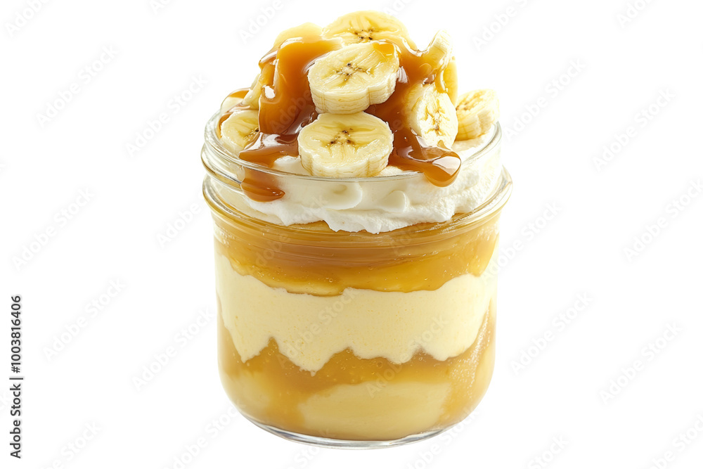 Poster layered banana pudding dessert in a glass jar with caramel sauce ,isolated on transparent background