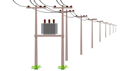 Electrical transformer on cement electric pole on the white background