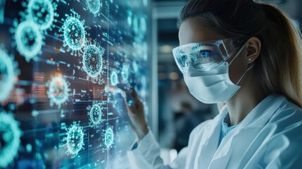 A scientist analyzes digital data in a laboratory, wearing protective gear, highlighting the intersection of technology and research.