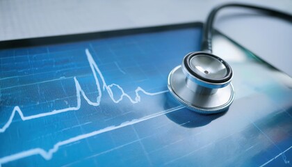 Stethoscope on tablet screen displaying a heart rate.
