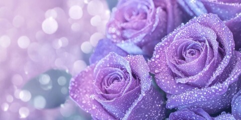 lovely bouquet of purple roses glistening with sparkling water droplets. The petals have a soft, velvety texture and the colors are simply enchanting, deep, rich purple with hints of blue and pink.