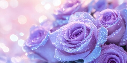 lovely bouquet of purple roses glistening with sparkling water droplets. The petals have a soft, velvety texture and the colors are simply enchanting, deep, rich purple with hints of blue and pink.
