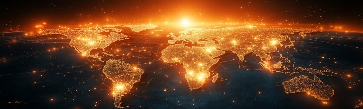 Abstract representation of different continents connected by flowing, golden lines of energy, symbolizing communication