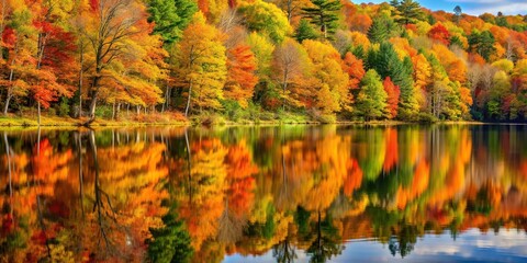 Reflection of the autumn forest in the water at a tilted angle, peaceful,autumn, mirror, reflection, seasonal, reflection, peaceful, tilted, picturesque, autumnal, serene, wilderness, trees