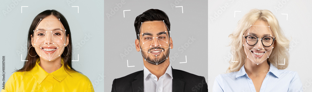 Poster Face ID. Three individuals with distinct features smile warmly, each set against a different neutral background. Their expressions radiate friendliness and approachability, highlighting diversity.