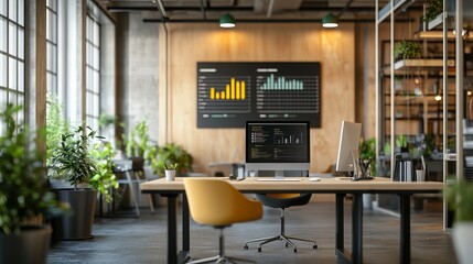 Modern office space set up for job interviews and recruitment, featuring a computer displaying data and statistics. Ready for the next steps in business career development and hiring. 
