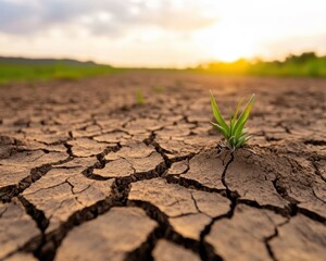 A solitary blade of grass grows through cracked earth during sunset, symbolizing resilience in harsh conditions.