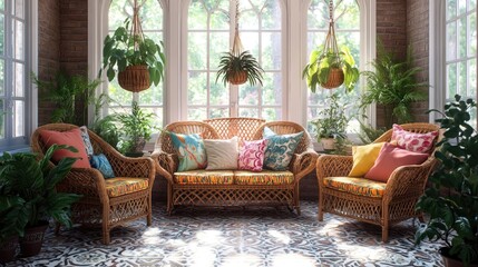 Cozy sunroom with rattan furniture