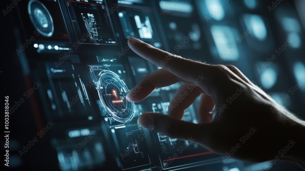 Aufkleber hand interacting with a futuristic touchscreen interface technology display.