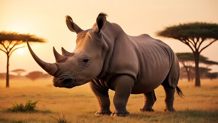 Fototapeta premium This captivating image showcases a majestic rhinoceros standing in the open savanna, bathed in the soft, golden light of sunrise. 