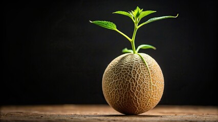 forced perspective, gardening, healthy, A close up shot of a small cantaloupe sprout against a black background using forced perspective to create an illusion of size and growth