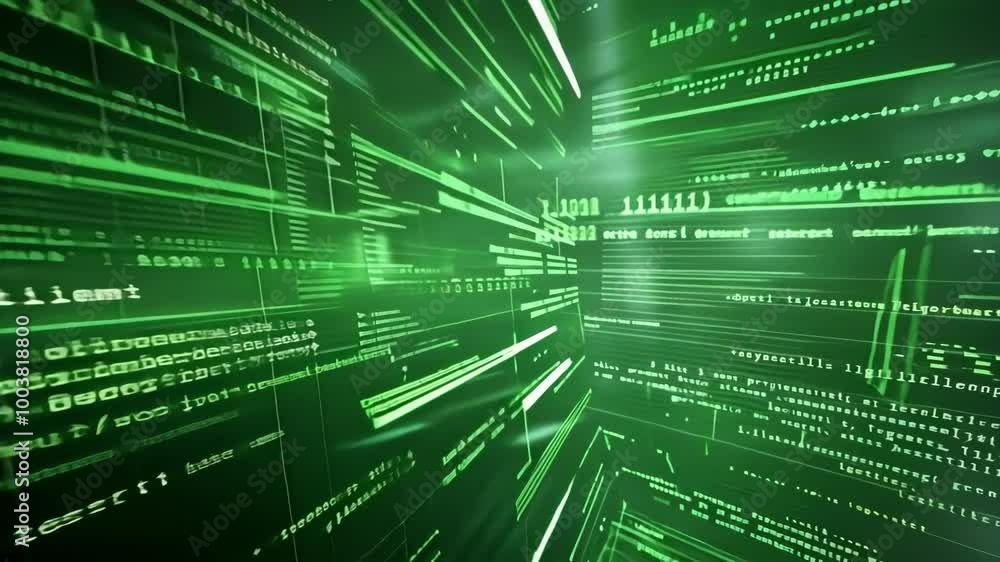 Poster streaming green code on dark background hints at ai scanning data in virtual environment, evoking fu