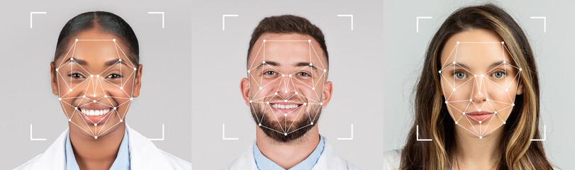 Three individuals in lab coats stand together, each displaying a digital overlay emphasizing facial...
