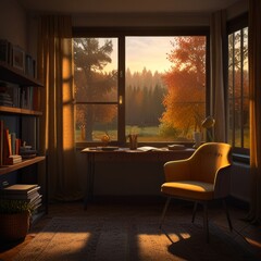 Fototapeta premium Cozy Reading Nook with Autumnal View