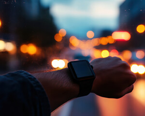Fototapeta premium Close-up of a person's wrist with a smartwatch against a blurred urban background during twilight.