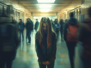 A young girl head bowed standing alone in the middle of a bustling school hallway, completely ignored by her classmates, who are all walking by, talking in groups.