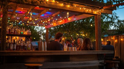 A rustic outdoor bar made of reclaimed wood, adorned with colorful LED strip lights