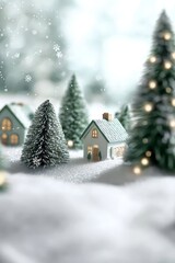 A small house in a snow-filled field's center Foreground showcases a Christmas tree