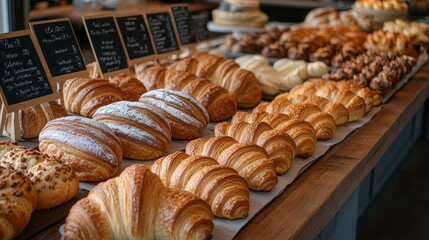 Round bakery display featuring golden croissants, artistic cakes, and fresh sourdough loaves, all carefully arranged for visual appeal, soft lighting