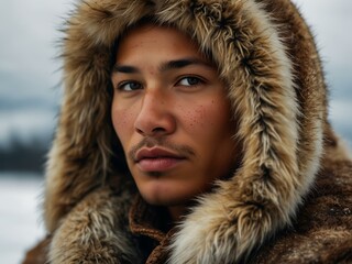 Close-up portrait of an Eskimo in animal skin.