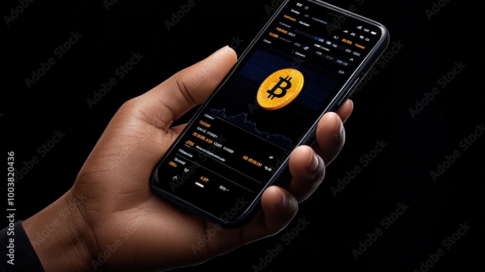 Poster cryptocurrency investing: hand holding smartphone displaying bitcoin chart and price data on dark ba
