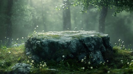 Moss Covered Stone in a Misty Forest