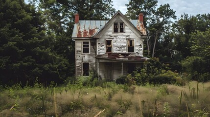 Fototapeta premium Abandoned Dilapidated Countryside House with Broken Windows and Overgrown Weeds Disheartened Concept