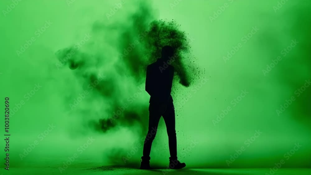Poster man is walking on a green screen background, slowly disintegrating into small particles, perfect for