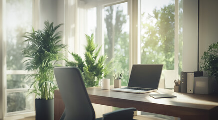 Stylish home office setup with a laptop, cup, and greenery, showcasing a modern workspace with natural light and a calming atmosphere for remote work.