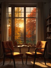 Cozy Reading Nook with Autumnal View