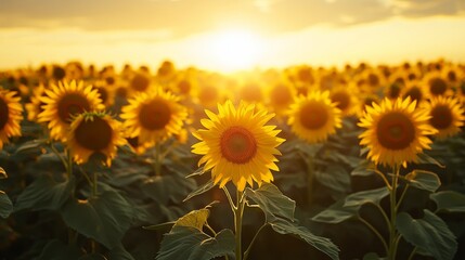 Obraz premium Rows of sunflowers forming a circle, all facing the radiant rising sun, golden light streaming through the sky, soft shadows on the field