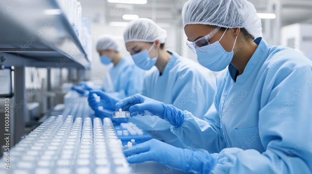 Poster laboratory technicians in protective gear working with vials in a clean room environment during a re
