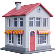 Cute two-story town house with red tile roof, light grey walls and striped awnings over the windows. City home, 3d render, isolated transparent png illustration