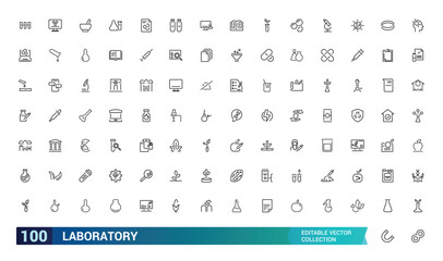 Laboratory line icon set. Test tube, flask, chemical, biology, microscope, research, lab and more. Outline vector icons collection. Editable stroke.