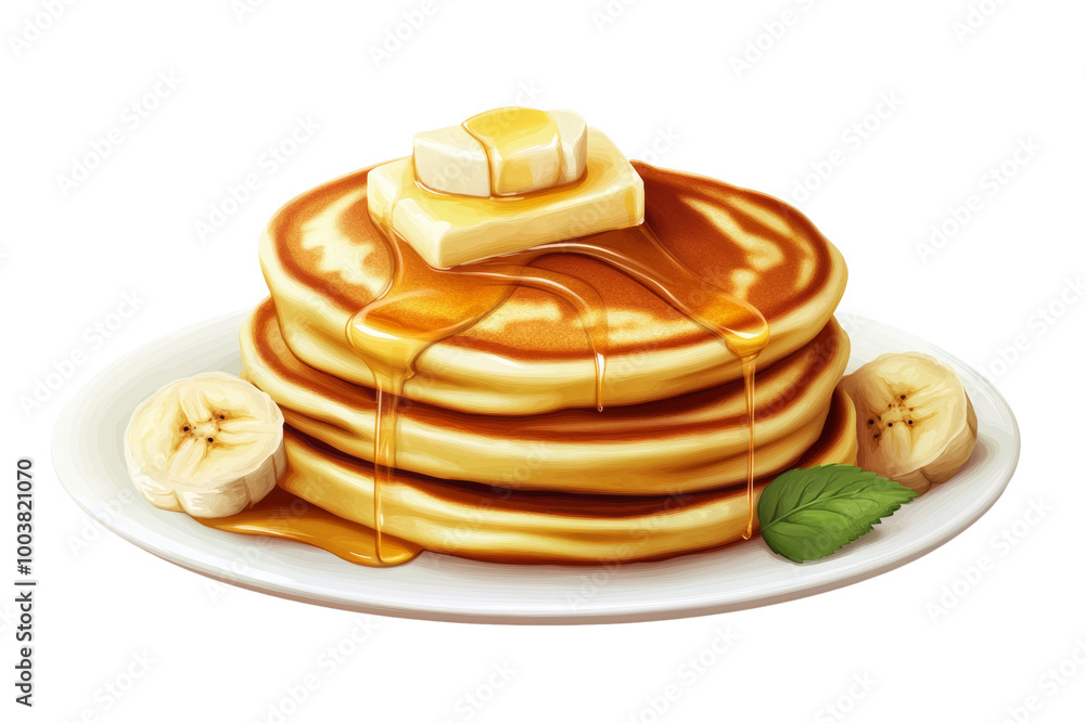 Poster fluffy banana pancakes with butter and honey drizzle ,isolated on transparent background