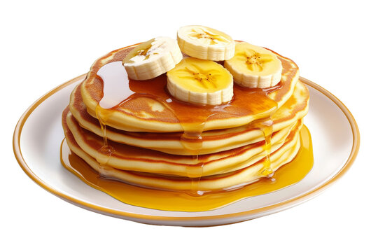 Fluffy banana pancakes with butter and honey drizzle ,Isolated on transparent background