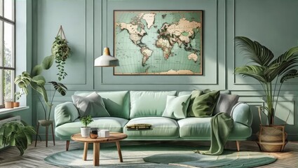 Cozy Green Living Room with World Map Decor