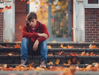Disheartened Teenager Sitting on School Steps Surrounded by Autumn Leaves