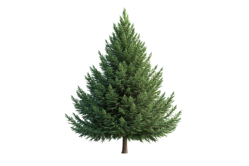 Evergreen pine tree with a conical shape isolated on a solid white background, high detail