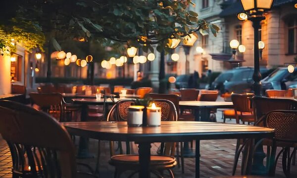 An empty deserted evening street cafe