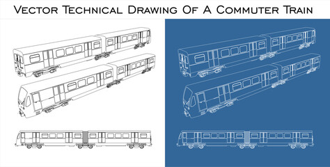 Commuter train technical line drawing blueprints. vector isolated in transparent background