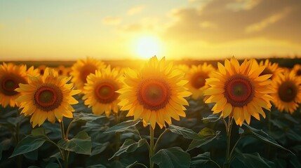 Fototapeta premium Sunflowers arranged in a circle, their faces turned towards the rising sun, soft morning light cascading over the landscape, warm yellow and orange tones